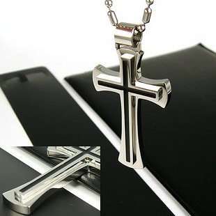 Stainless Steel Black and Silver Cross Pendant and Necklace