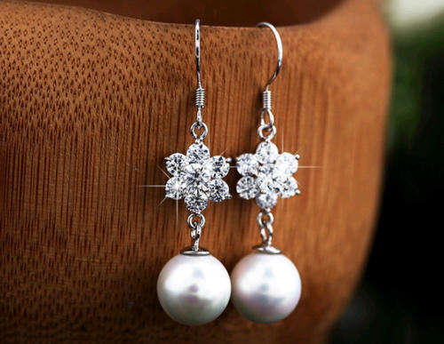 Genuine 925 Sterling Silver ,Dangling Flower and pearl earring , Platinum Plated