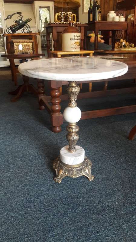Vintage solid brass and marble side table - 46cm Height