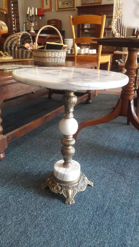 Vintage solid brass and marble side table - 46cm Height