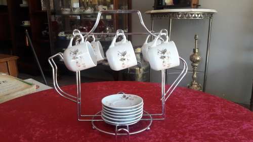 Beautiful Miniature Teaset duo's on kettle shaped stand