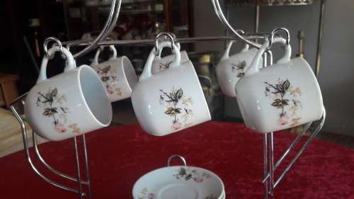 Beautiful Miniature Teaset duo's on kettle shaped stand