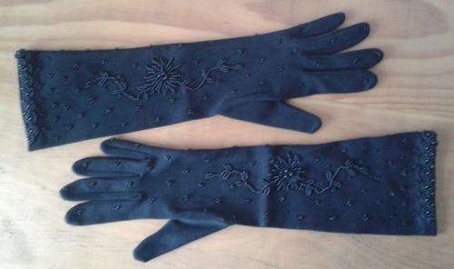 Vintage black beaded nylon gloves - 3/4 length - fits all sizes