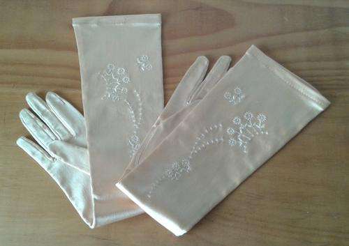Elbow length gloves - nylon stretch satin - machine embroidered - beautiful salmon colour