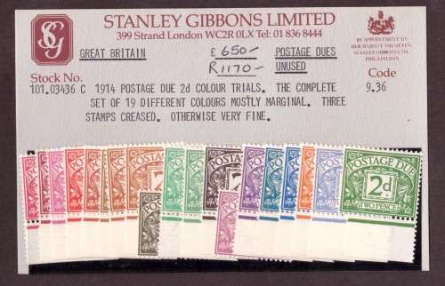 1914 POSTAGE DUE 2d COLOUR TRIALS. THE COMPLETE SET OF 19 STAMPS.