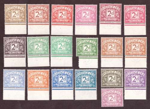 1914 POSTAGE DUE 2d COLOUR TRIALS. THE COMPLETE SET OF 19 STAMPS.
