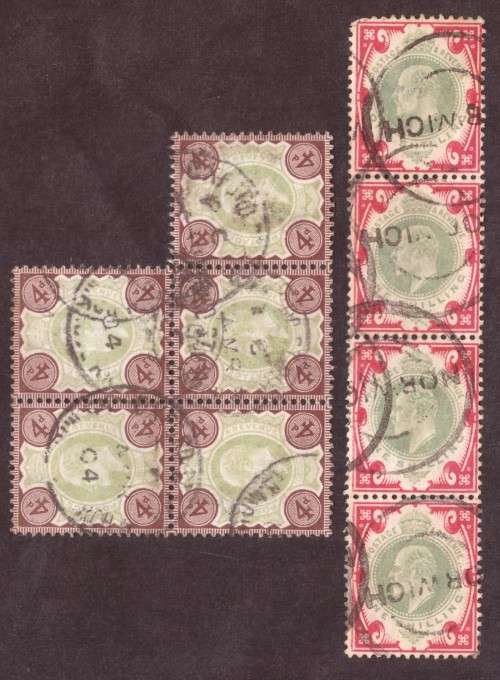 Edward VII   GB 1902 strip of 4 1/ and block of 5   4d used