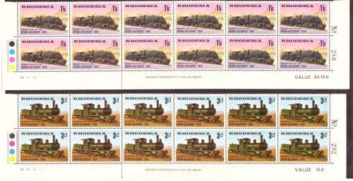 Rhodesia 1969 issue,Railway.  4 strip of the bottom sheets, hinge on margin.