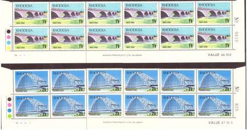 Rhodesia 1969 issue, Bridges. 4 strip of the bottom sheets, hinge on margin.