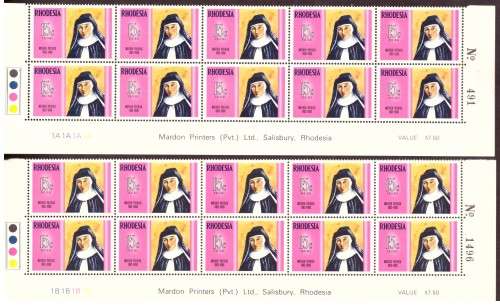 Rhodesia 1970 issue, Des.Rose Martin.  2 strip of the bottom sheets, hinge on margin.