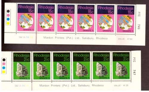 Rhodesia 1971 issue,` Granite 71`  4 strip of the bottom sheets, hinge on margin.Control blocks 1B
