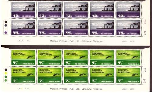 Rhodesia 1972 issue, [ Prevent Pollution]. 4 strip of the bottom sheets, hinge on margin.4 control b