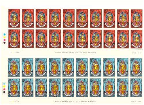Rhodesia 1972 issue,`[Christmas]  3 strip of the bottom sheets, hinge on margin.Control blocks 1B