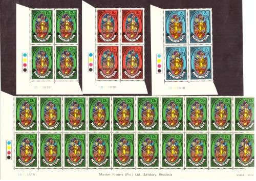 Rhodesia 1972 issue,`[Christmas]  3 strip of the bottom sheets, hinge on margin.Control blocks 1B