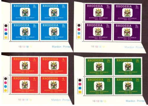 Rhodesia 1973 issue, [Arms of Rhodesia] 3 strips of the bottom sheets, hinge on margin. control b