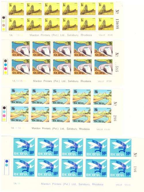 Rhodesia 1970 issue, Decimal Definitive 4 strip of the bottom sheets, hinge on margin.