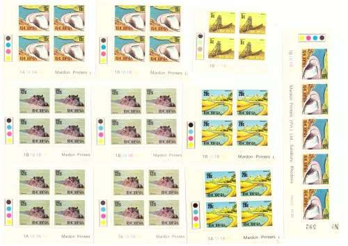 Rhodesia 1970 issue, Decimal Definitive Control blocks 1c too 1 dollar, hinge on margin.