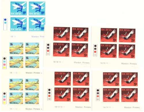 Rhodesia 1970 issue, Decimal Definitive Control blocks 1c too 1 dollar, hinge on margin.