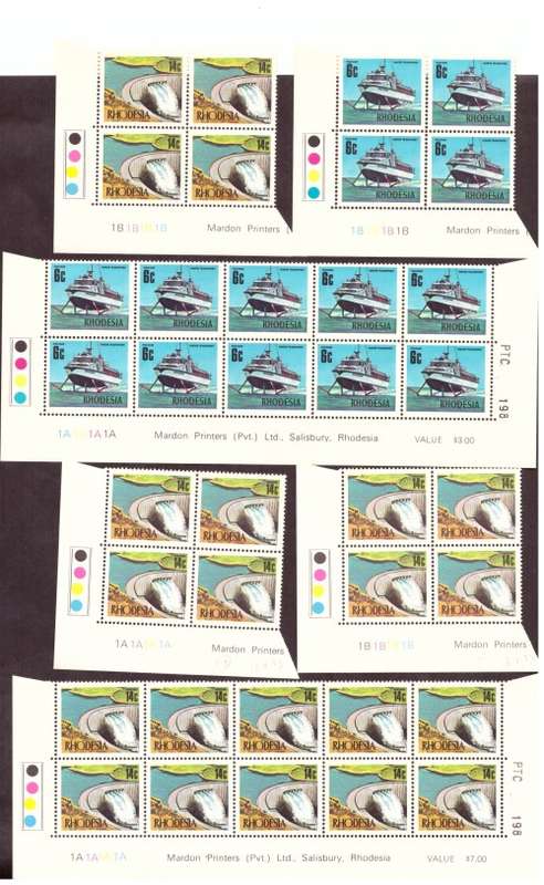 Rhodesia 1973 issue, Decimal Definitive 4 strip of the bottom sheets, hinge on margin.Control blocks
