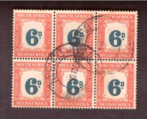 1948 UNION postage due block of 6.  6d  used. SACC #37