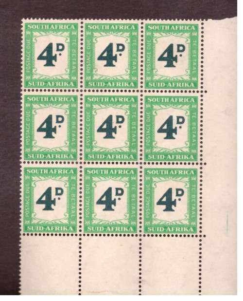 1950 UNION postage due1 block of 9,  4d  mint SACC #41