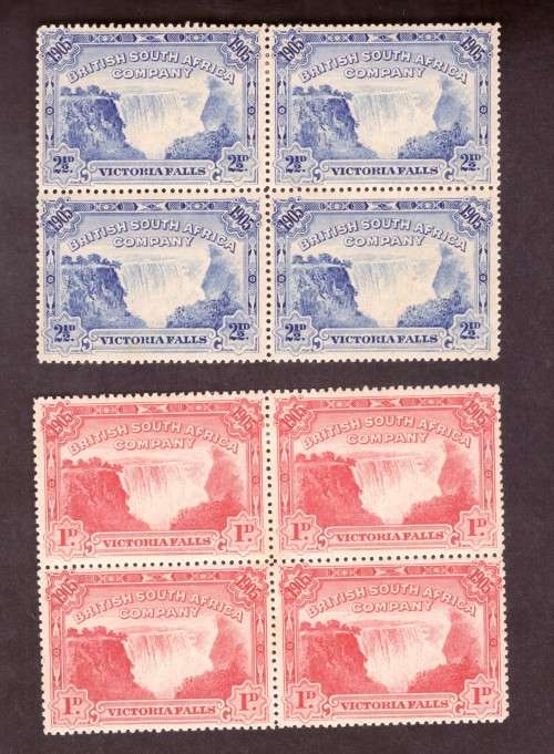 British South Africa Company 1905 issue. 1d and 2.5d in blocks of 4. 2.5d perf 14.5. a bit toned.
