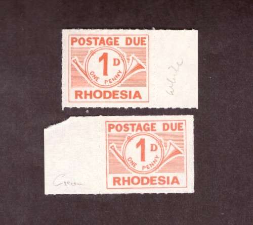 Rhodesia 1965 postage due. 1d difrend paper.SACC 1a and 1b. roulette9.MNH