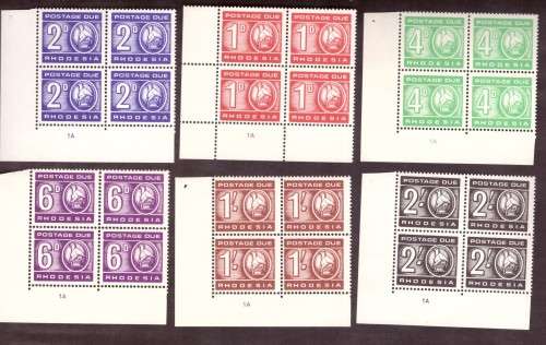 Rhodesia  postage due 1966 issue.Control Blocks of 4  1A. hing on the margin.