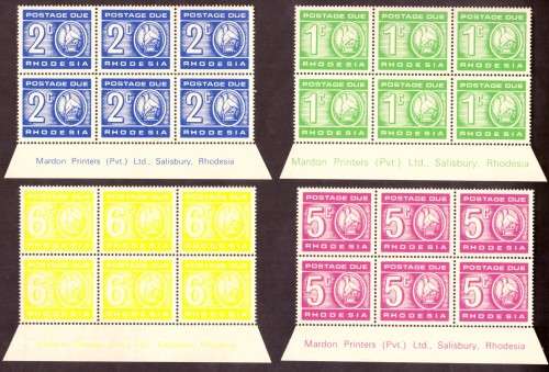 Rhodesia  postage due 1970 issue.Imprint blocks of 6 [ browm gum] 1c ,2c ,5c ,6c .