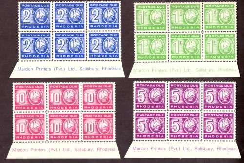 Rhodesia  postage due 1970  issue.  Imprint Blocks of 6. 4 blocks print 17-2-1970.