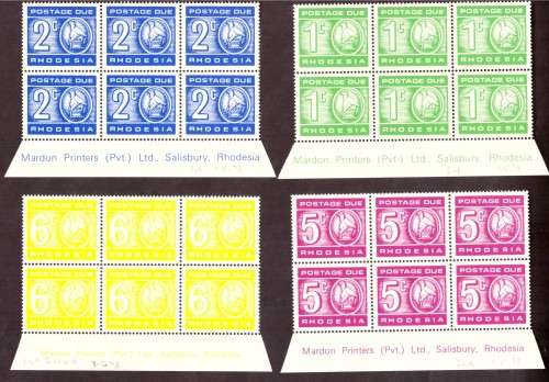 Rhodesia  postage due 1970  issue.  Imprint Blocks of 6. 4 blocks print 7-5-1973.