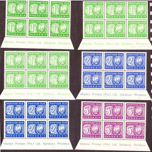 Rhodesia  postage due 1970  issue.  Imprint Blocks of 6. 6 blocks print 20-9-1971. 3 bloks
