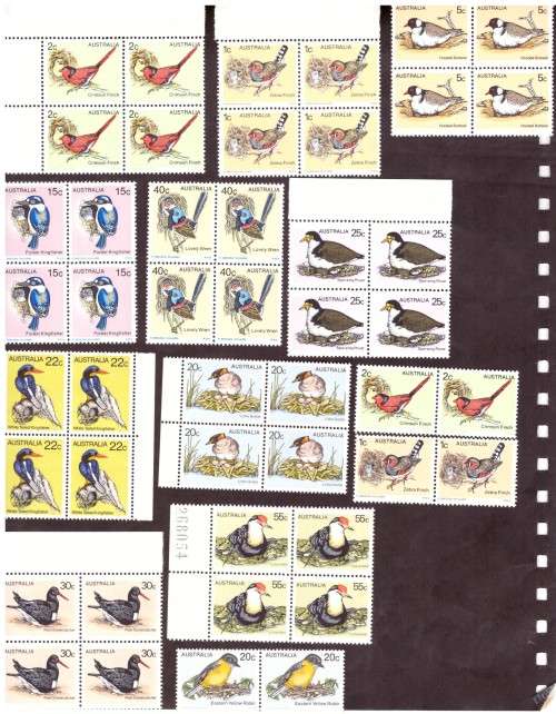Australia .Scott cat. 751-755 and 732-739.  1978-80 issue.  MNH in blocks.And gutter.