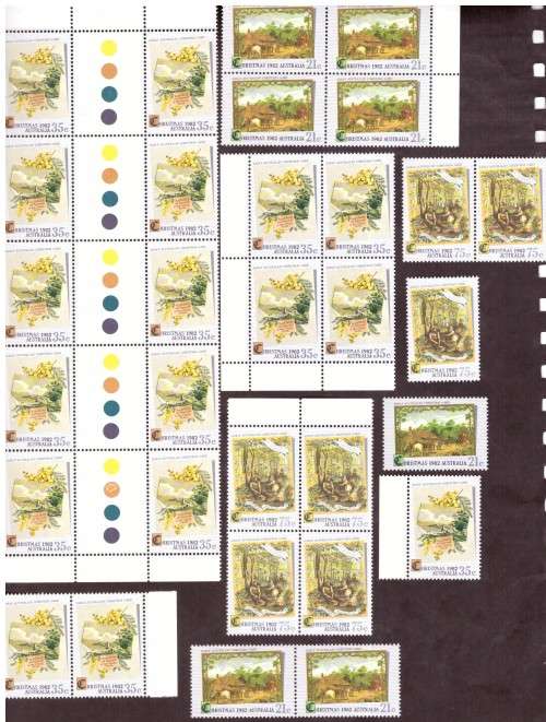Australia .Scott cat. 839-841. 1982 issue.  MNH in corner blocks and gutter ....