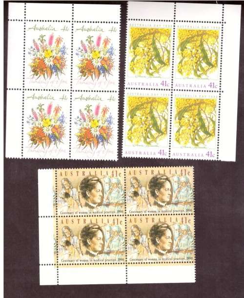 Australia .Scott cat 1163, 1164, 1165. 1990 issue.  MNH.corner blocks of 4