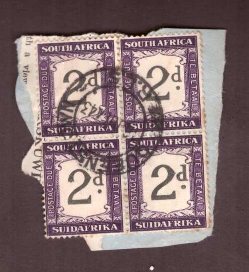 UNION 0f S.A Postage Due 2d  Block of 4.#25a in SACC, With Variety ` Thick 2d` and `spur on 2`