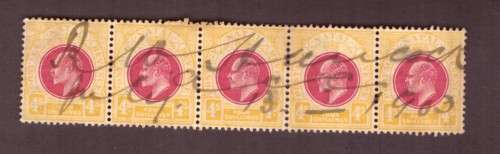 Natal  1903 issiue. Reveniu Used 4/ strip of 5. toned.