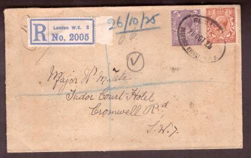 Great Britain. George V. 1925 Registred cover sent from London to India. a bit toned.