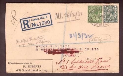 Great Britain. George V. 1932 Registred cover sent from London to Bombay. a bit toned.
