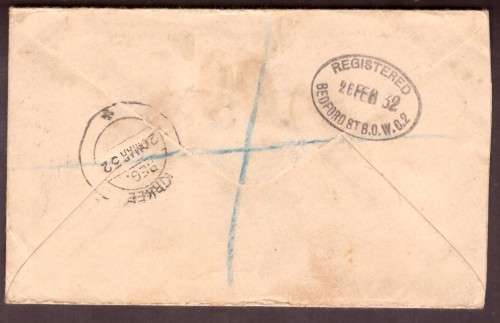 Great Britain. George V. 1932 Registred cover sent from London to Bombay. a bit toned.