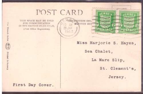 Great Britain. Jersey First Day Cover [post card] 2 stamps 1/2d  29 Jan 1942.