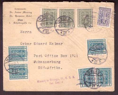 Austria . Nice Cover 1920s from Wien to Johanersburg . S.A. Missent to Chicago!!!