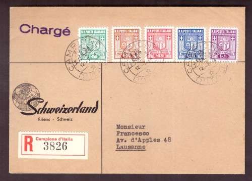 Italia -Campione. Cover 1944 ,First issue complete set of five.Perf.11.5. Registered letter.