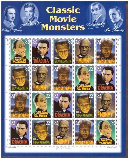 USA 1997 Scott # 3168-3172. Classic Movie Monsters. pane of 20 MNH.