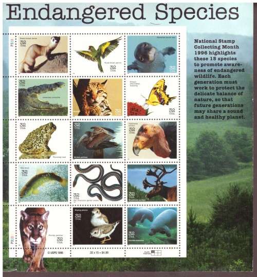 USA 1996 Scott # 3105. Endangered Species. pane of 12 MNH.