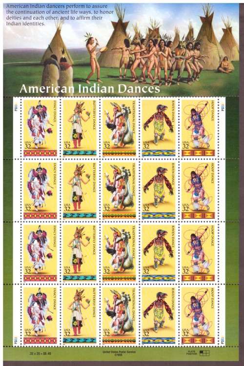 USA 1996 Scott # 3072-3076. American Indian Dances. pane of 20 MNH.