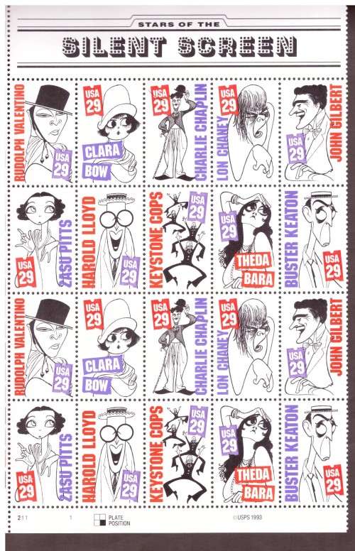 USA 1994 Scott # 2819-2828. Silent Screen. pane of 20 MNH.