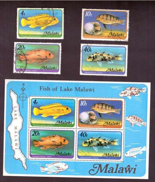 Malawi  1977 Scott# 307-310 . Fish. Souvenir sheet. Set used.