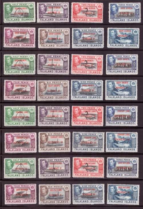 Falkland Island 1944  Oveprint  4 sets  South Georgia, South Orkneys, Graham Land, and Shetlands MH