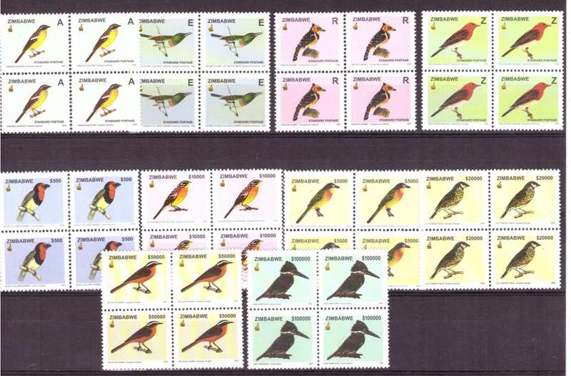 Zimbabwe Scott #976-982 . 2008 Full set blocks of 4  MNH.